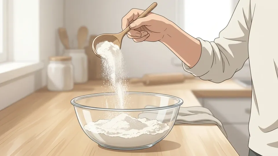 ボウルに小麦粉を加える手