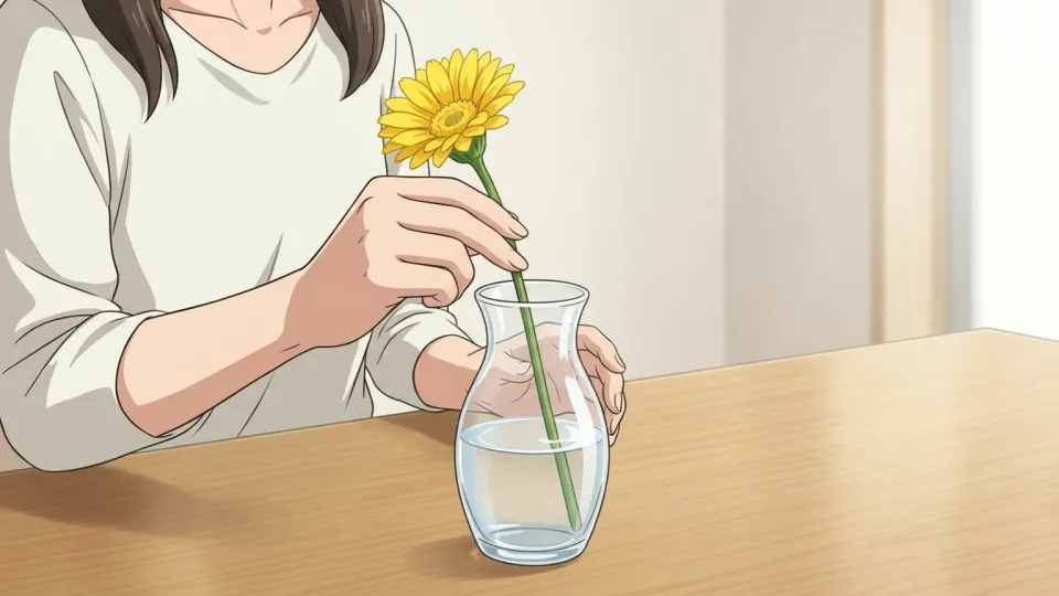 ガラスの花瓶に黄色い花を挿す女性