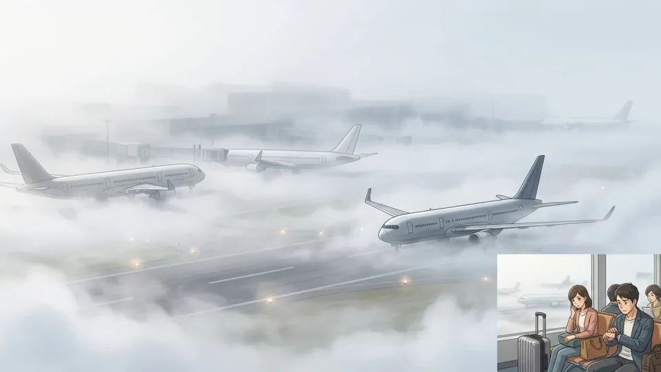 濃霧で遅延する空港の朝便