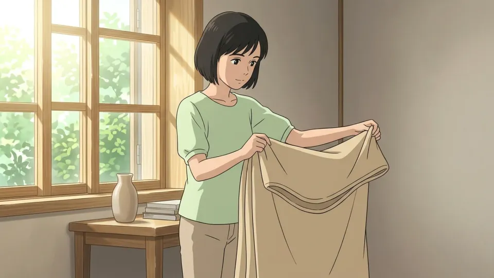 手紙を丁寧に折り畳む女性。