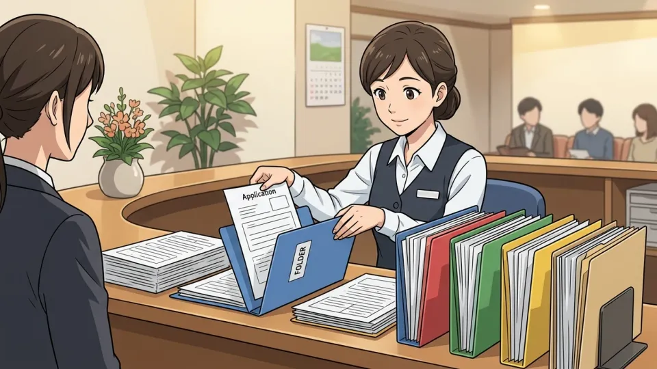 受付係が応募者ごとの申請書類を別々の紙製フォルダーに整理している様子