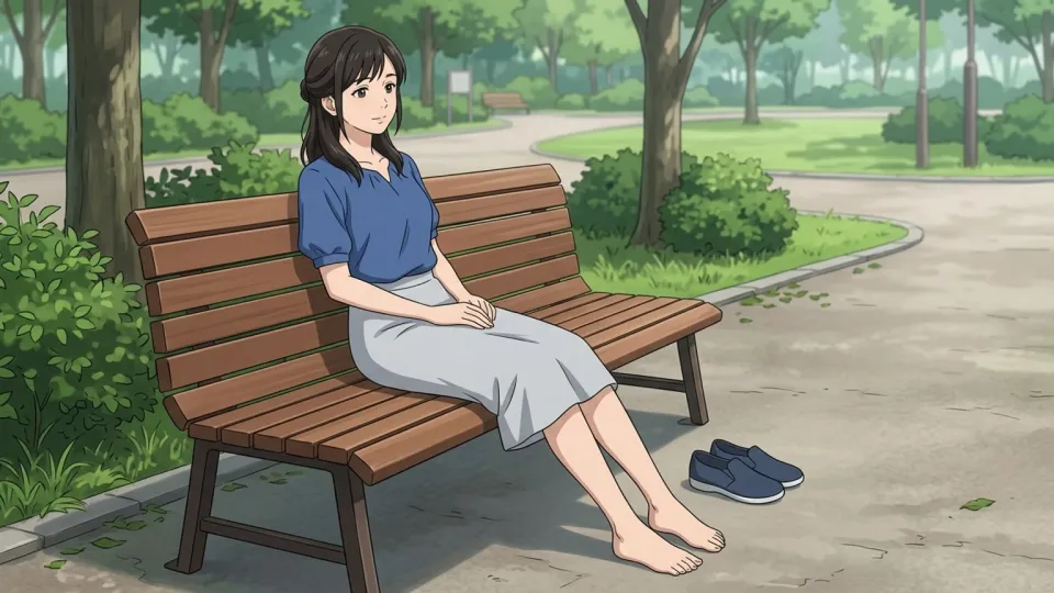靴を脱いで休んでいる女性の足