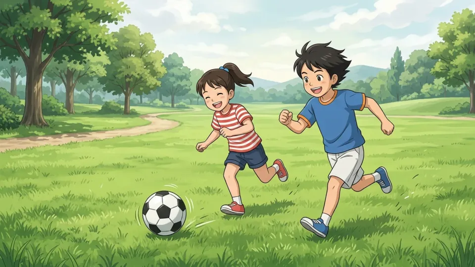 公園でフットボールをして遊ぶ子供たち。