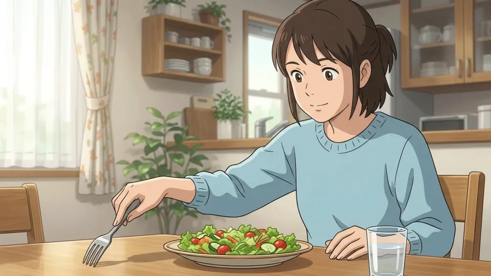 サラダを食べるためにフォークを手に取る女性