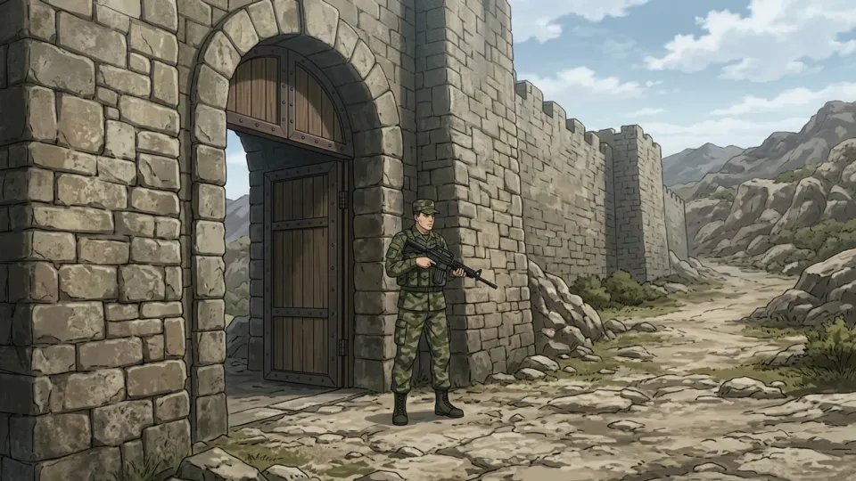 とりでの入り口で警備をする兵士