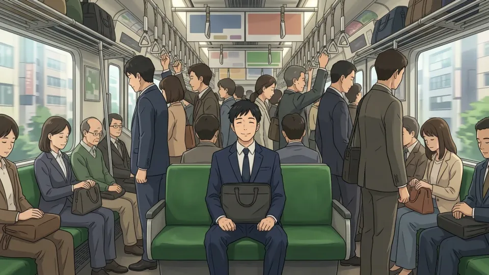 混雑した電車で座席を見つけて安堵する人。