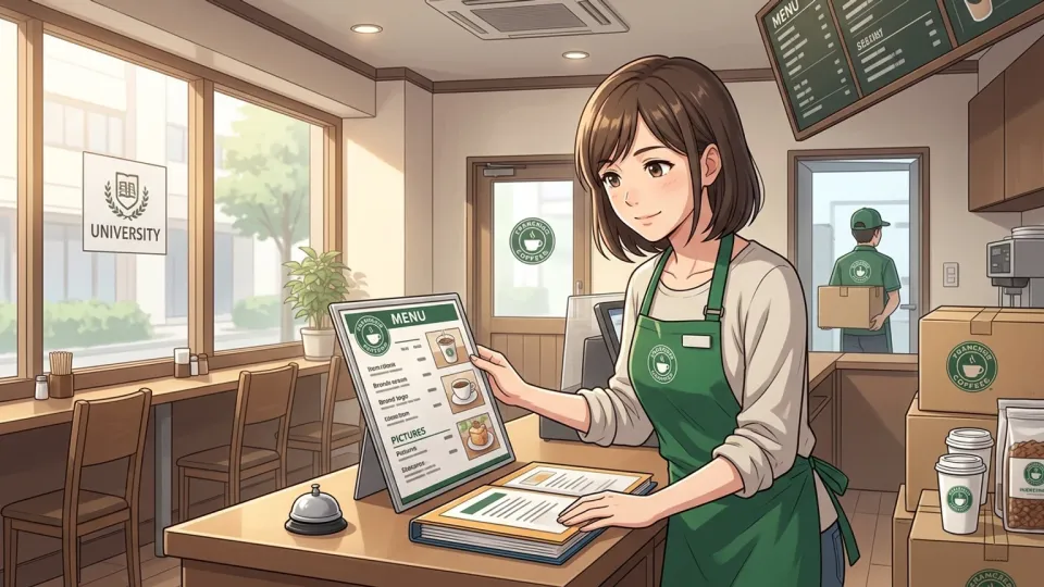 大学近くで新しいコーヒーチェーン加盟店の店主が開店準備をし、共通ブランドのメニューを確認している様子