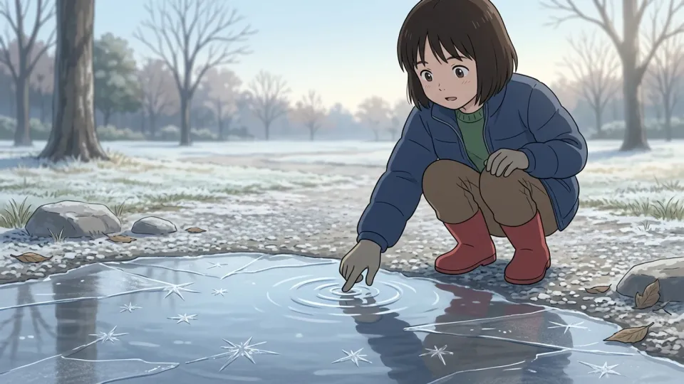 水たまりが凍り始めている様子