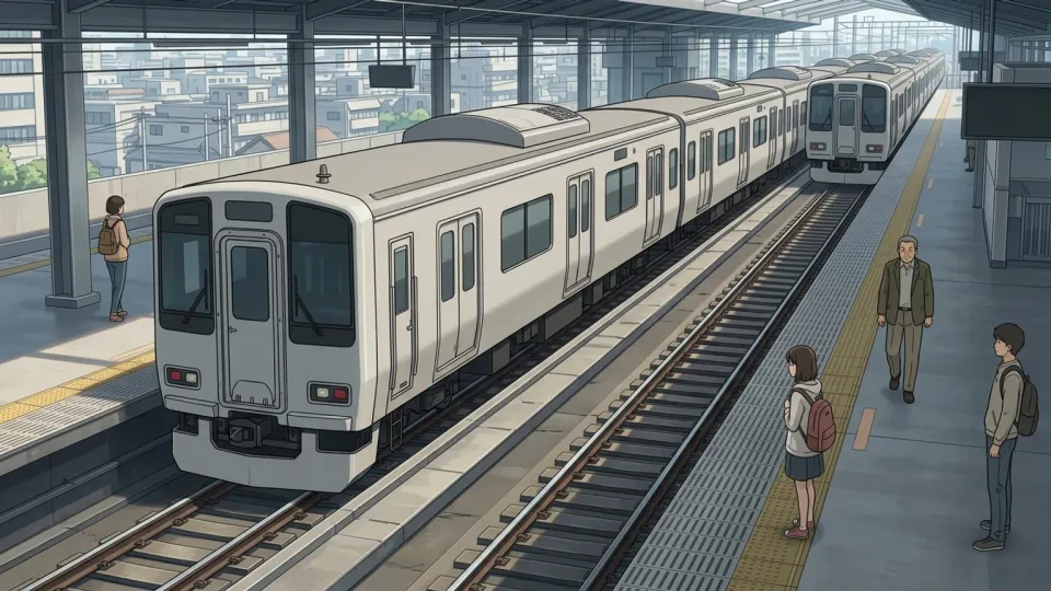 電光掲示板に遅延表示が並ぶ駅のプラットフォーム