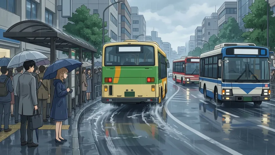 バスが立て続けに停留所に到着しているイラスト