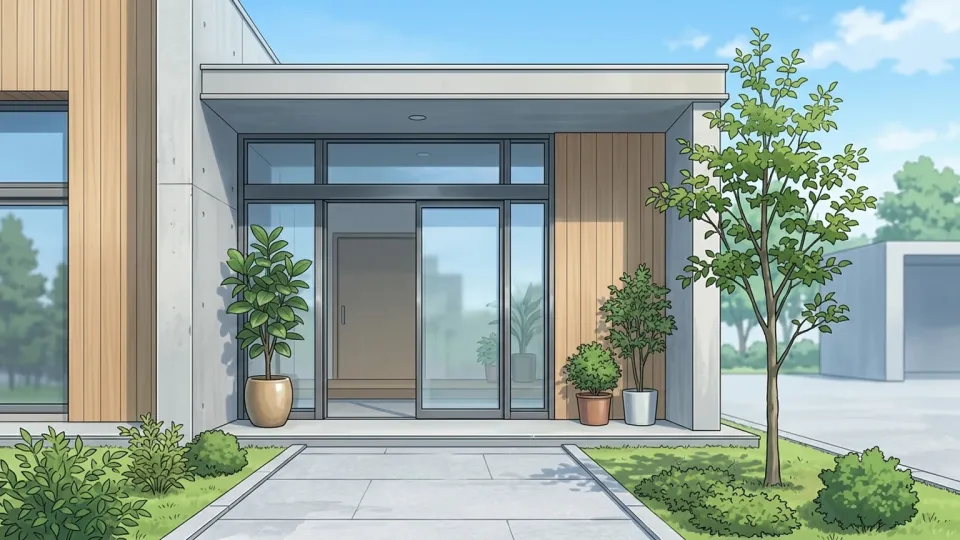建物の正面で待つ人