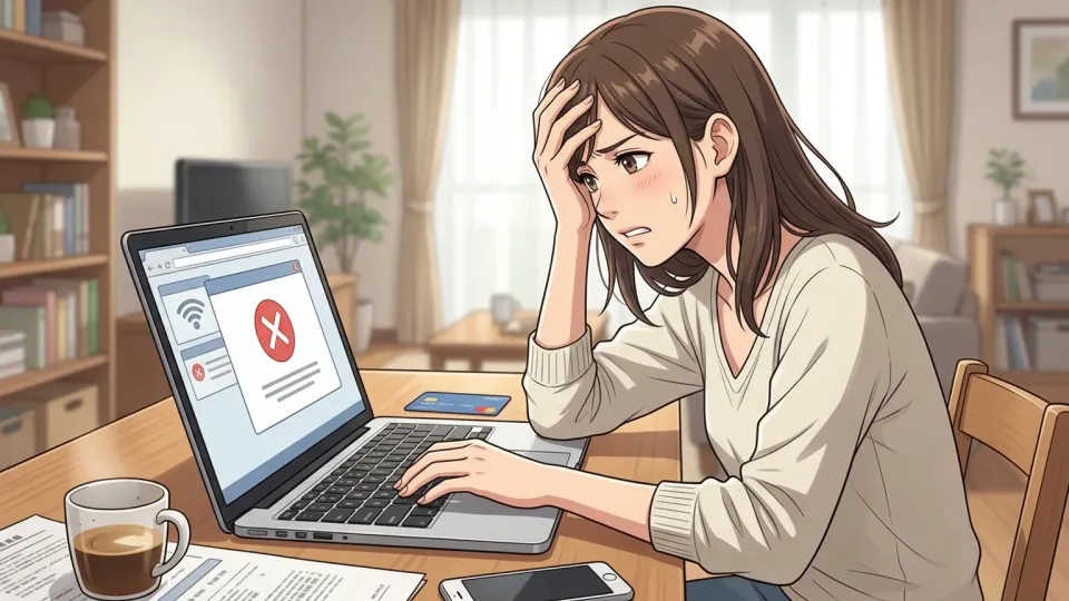 オンライン注文画面でログインエラーが繰り返し表示され、顧客が困った表情をしている様子