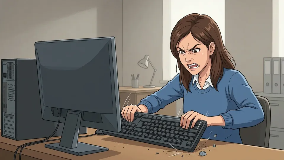 パソコンの前でいらいらしている女性
