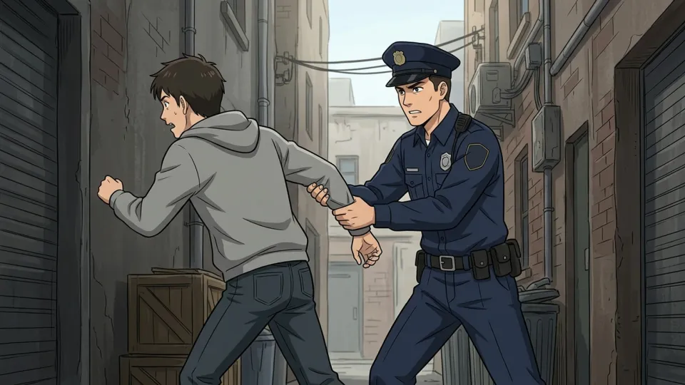 警察官に捕まった逃亡者のイラスト