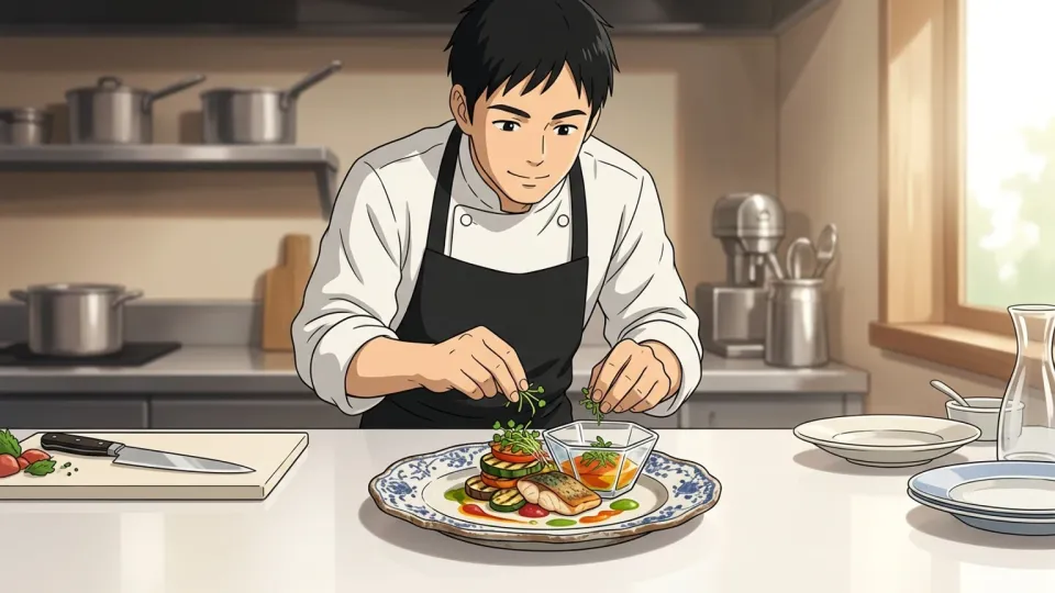 料理の融合を示すシェフの調理風景