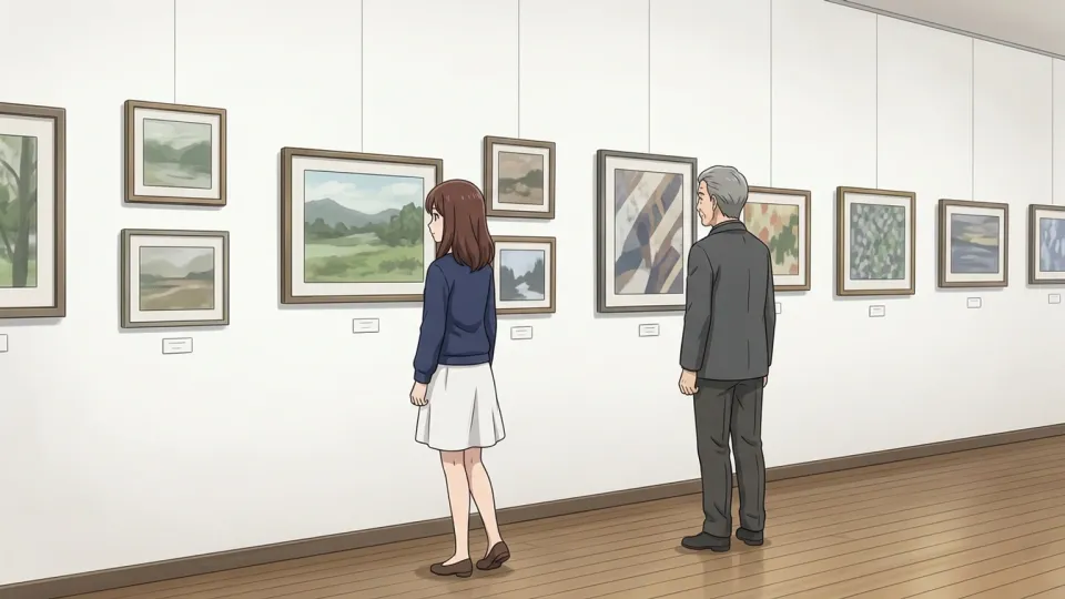 地元の画廊で絵画を鑑賞する人々。