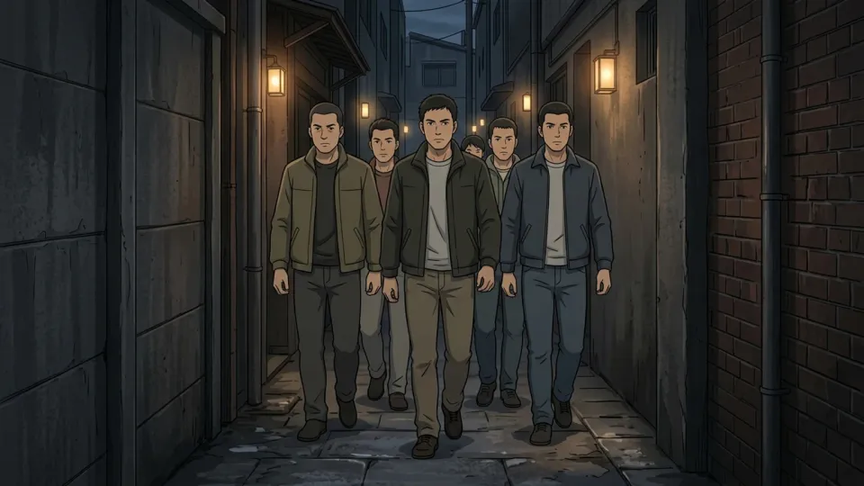 暗い路地を歩く男たちの一団