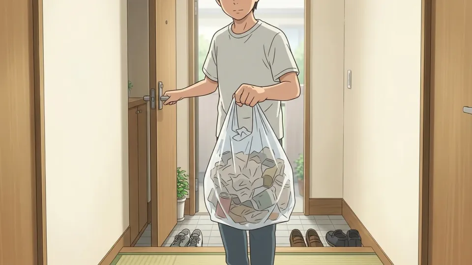 仕事へ行く前にごみ袋を外に出す人