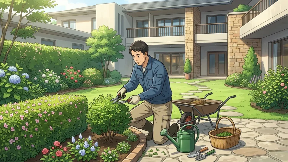 ホテルの庭師が中庭の植物を手入れしている