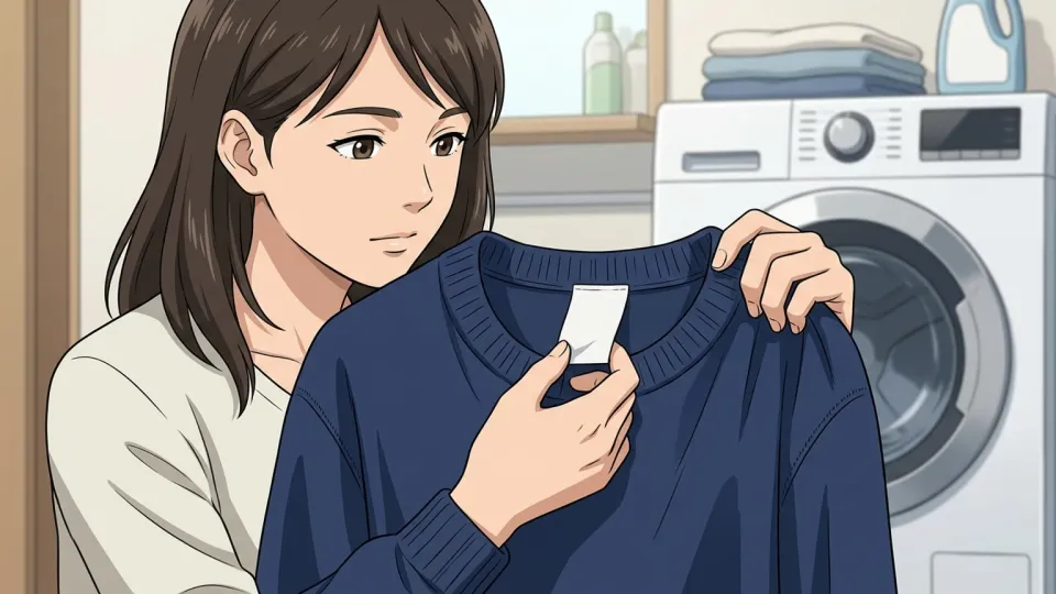 洗濯前に利用者が衣服の内側に付いた取り扱い表示ラベルを確認している様子