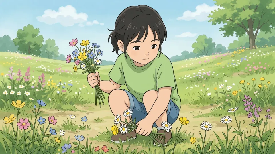 野原で花を集める子供たち