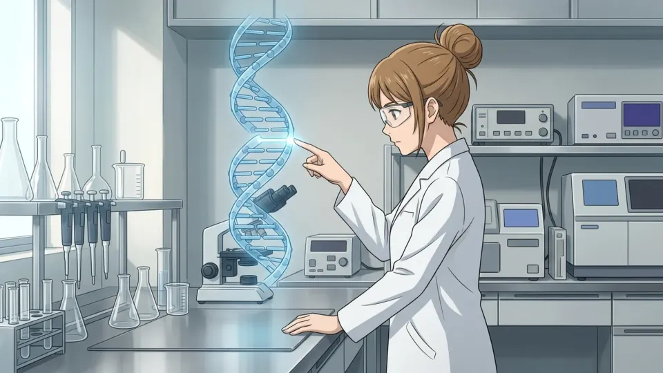 科学者が病気の原因となる遺伝子を特定する様子。