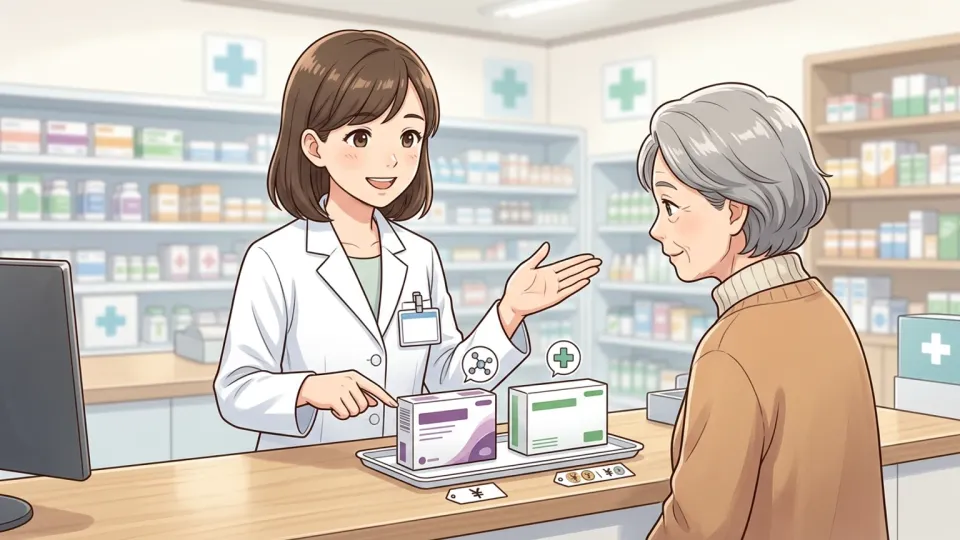 ブランド薬と安価な後発医薬品を説明する薬剤師