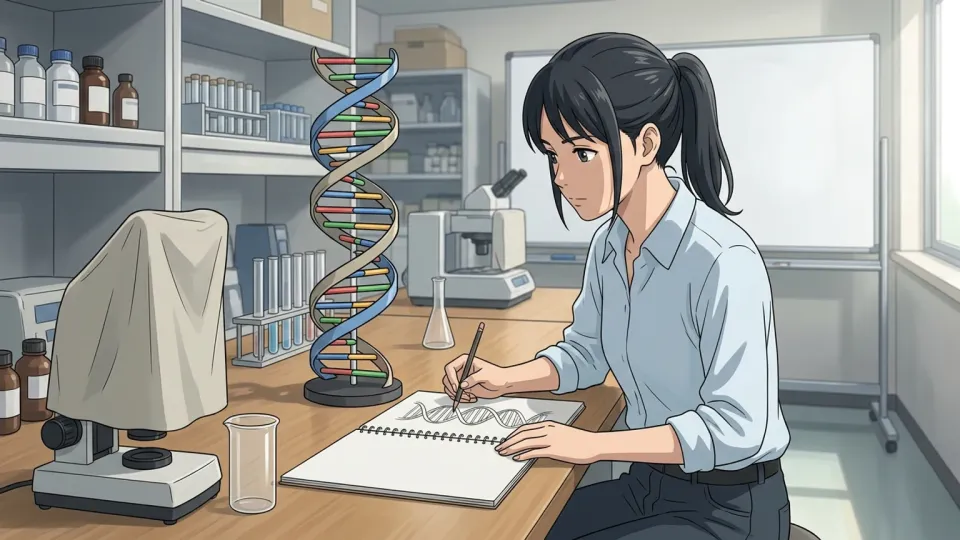 DNAの模型を机に置いて遺伝学の勉強をする学生のイラスト