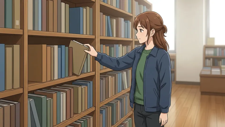 女性が本棚からミステリー小説を手に取っている情景