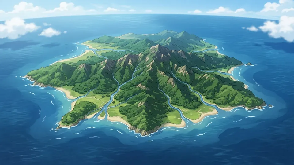 島の地理的な特徴が描かれた地図。