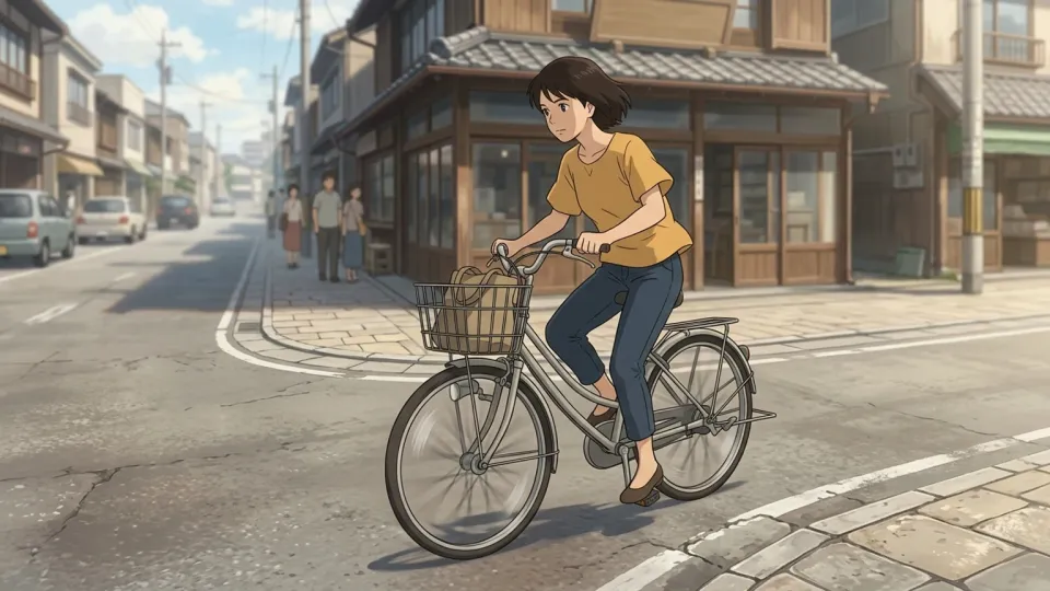 自転車で街を移動する女性。