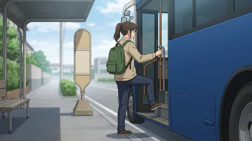 駅でバスに乗り込む乗客たち