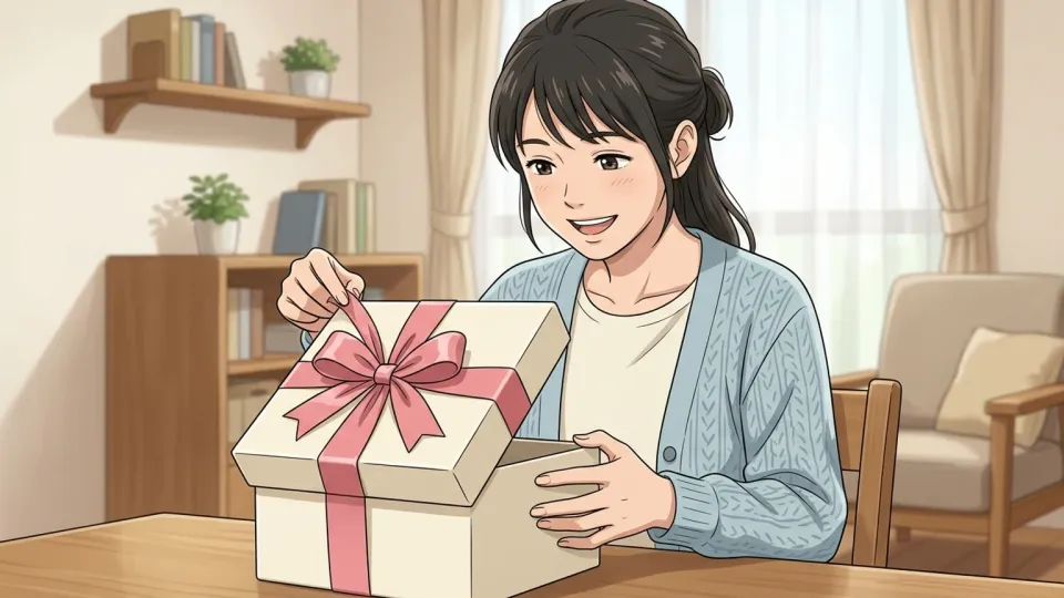 誕生日プレゼントを開ける女性