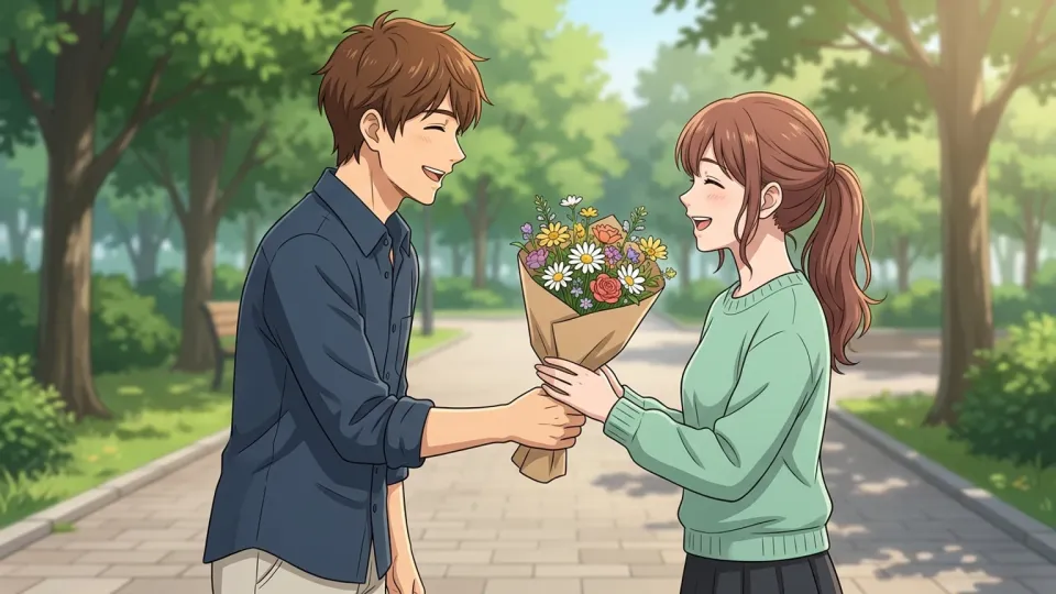 男性が彼女に花を贈っているイラスト