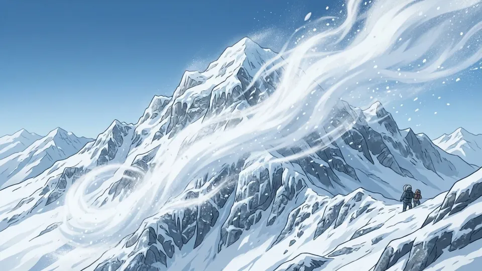 雪におおわれた山頂に吹きつける冷たい風の風景