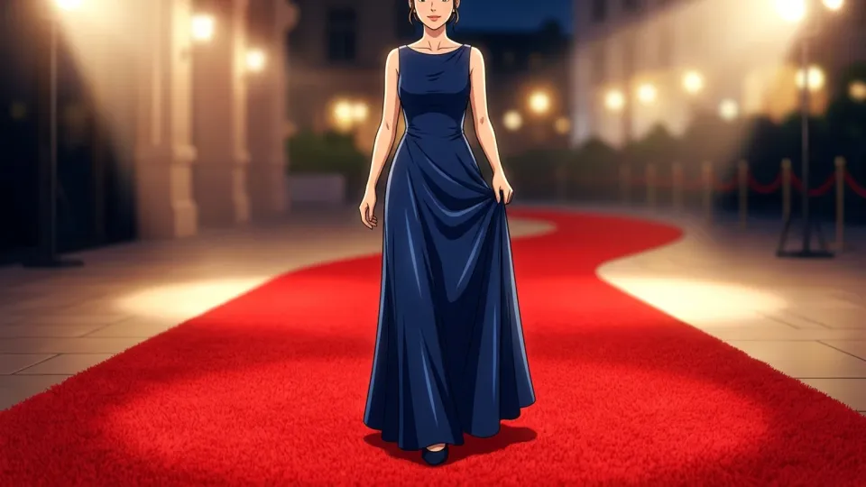 レッドカーペットを華やかなドレスで歩く女性