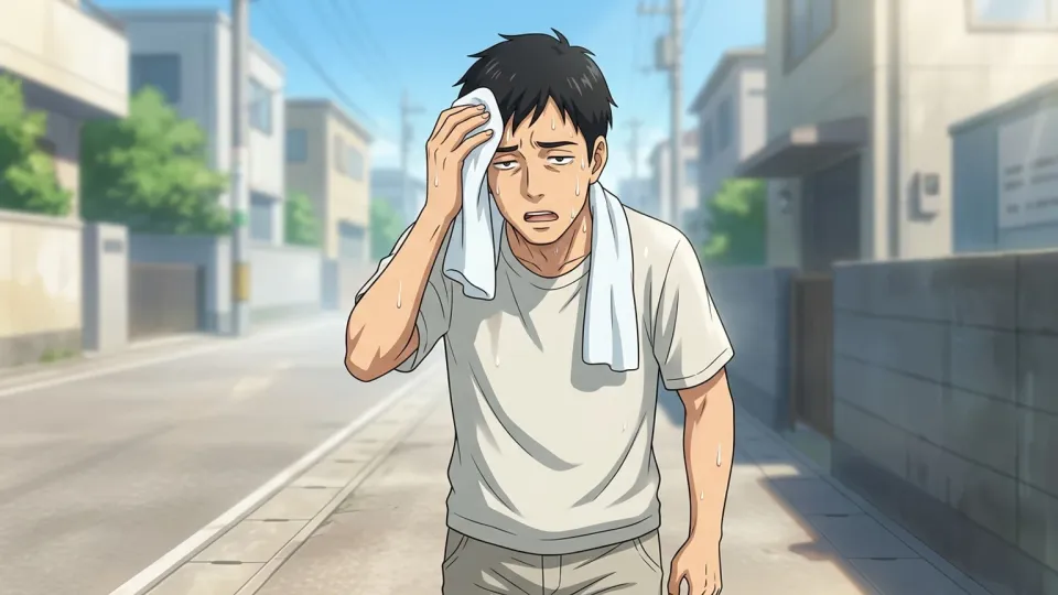 猛暑の中で汗を拭う男性のイラスト