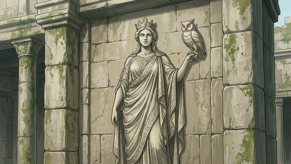 知恵の女神が描かれた古代の神殿の壁画。