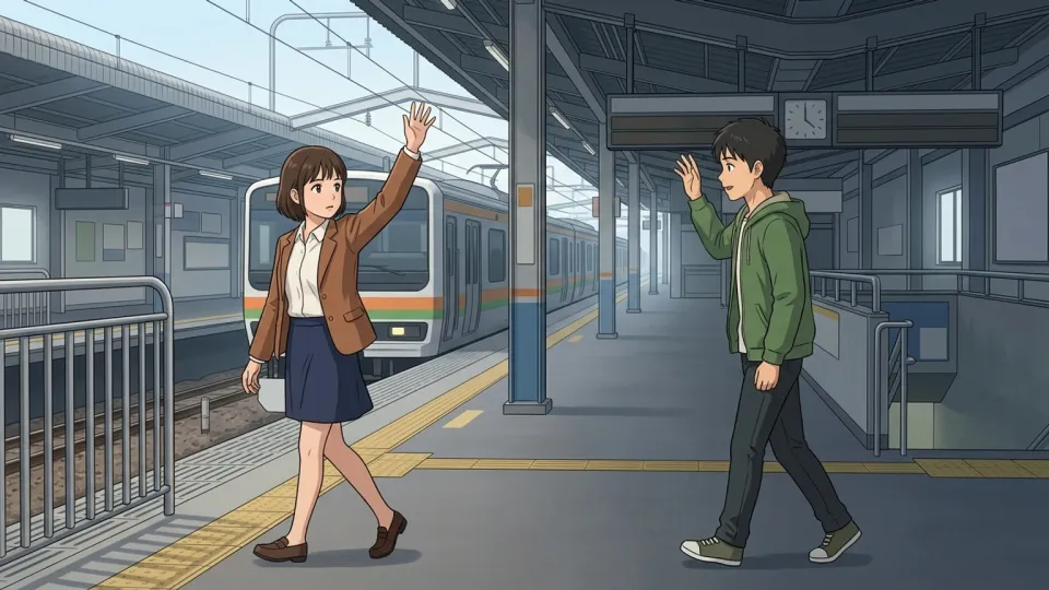 駅のホームで手を振って別れを告げる二人。