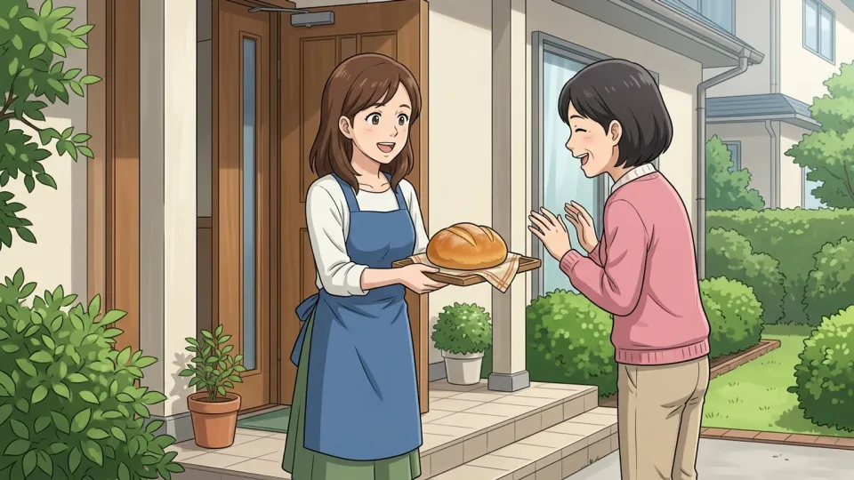女性が笑顔で隣人にパンを渡しているイラスト