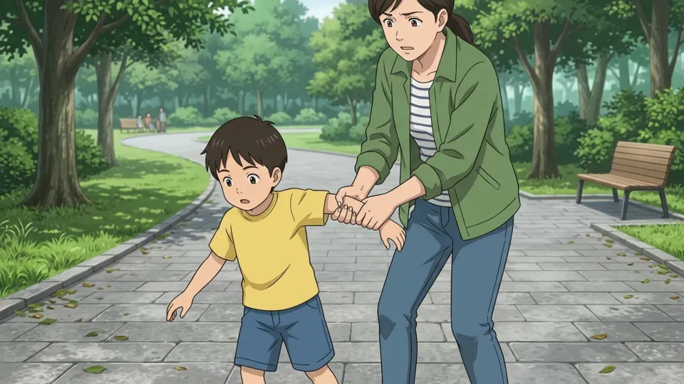 子供の手をぎゅっとつかむ母親。