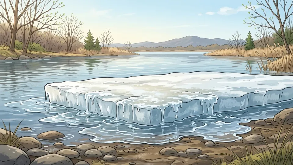 春の訪れとともに湖の氷が少しずつ溶けていく様子