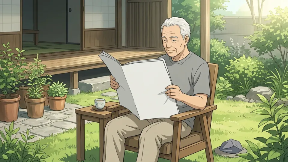 庭で新聞を読む祖父