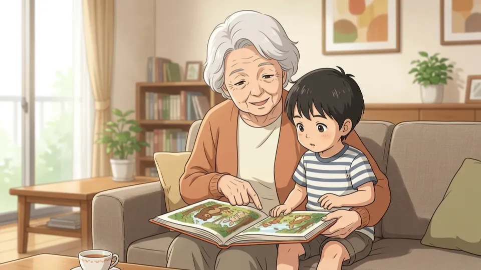 本を読み聞かせる祖母と孫