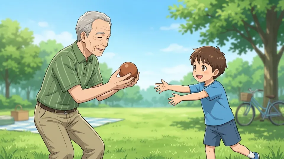 公園で祖父と遊ぶ孫の少年