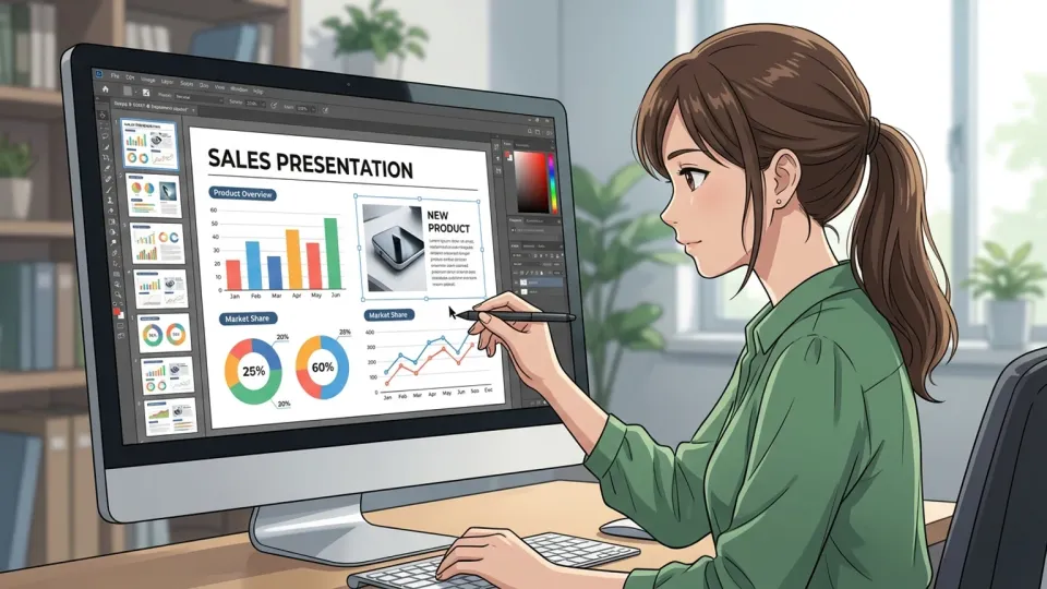営業プレゼン用の図版を制作するデザイナー