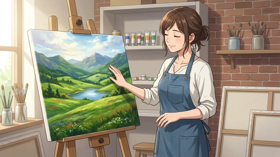 完成した絵画を見て満足そうに微笑む女性画家
