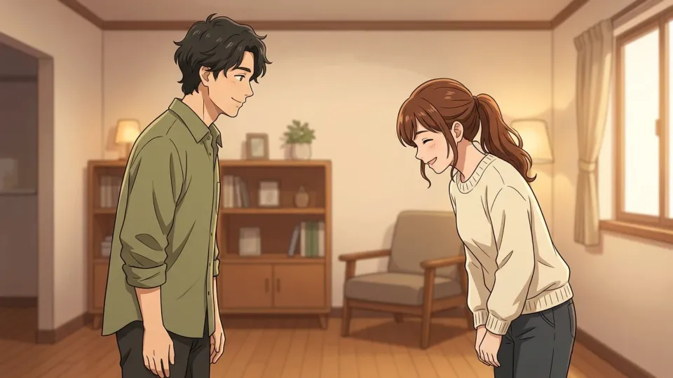 男性に頭を下げて感謝を示す女性のイラスト