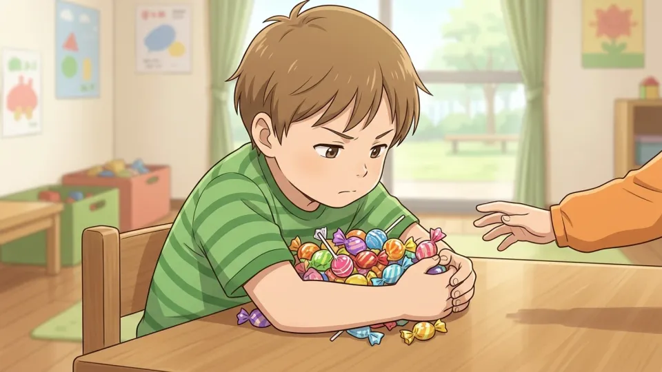 お菓子を一人占めする子供のイラスト