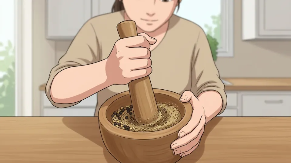 木製のすり鉢とすりこぎ棒でスパイスをすりつぶしている手元。